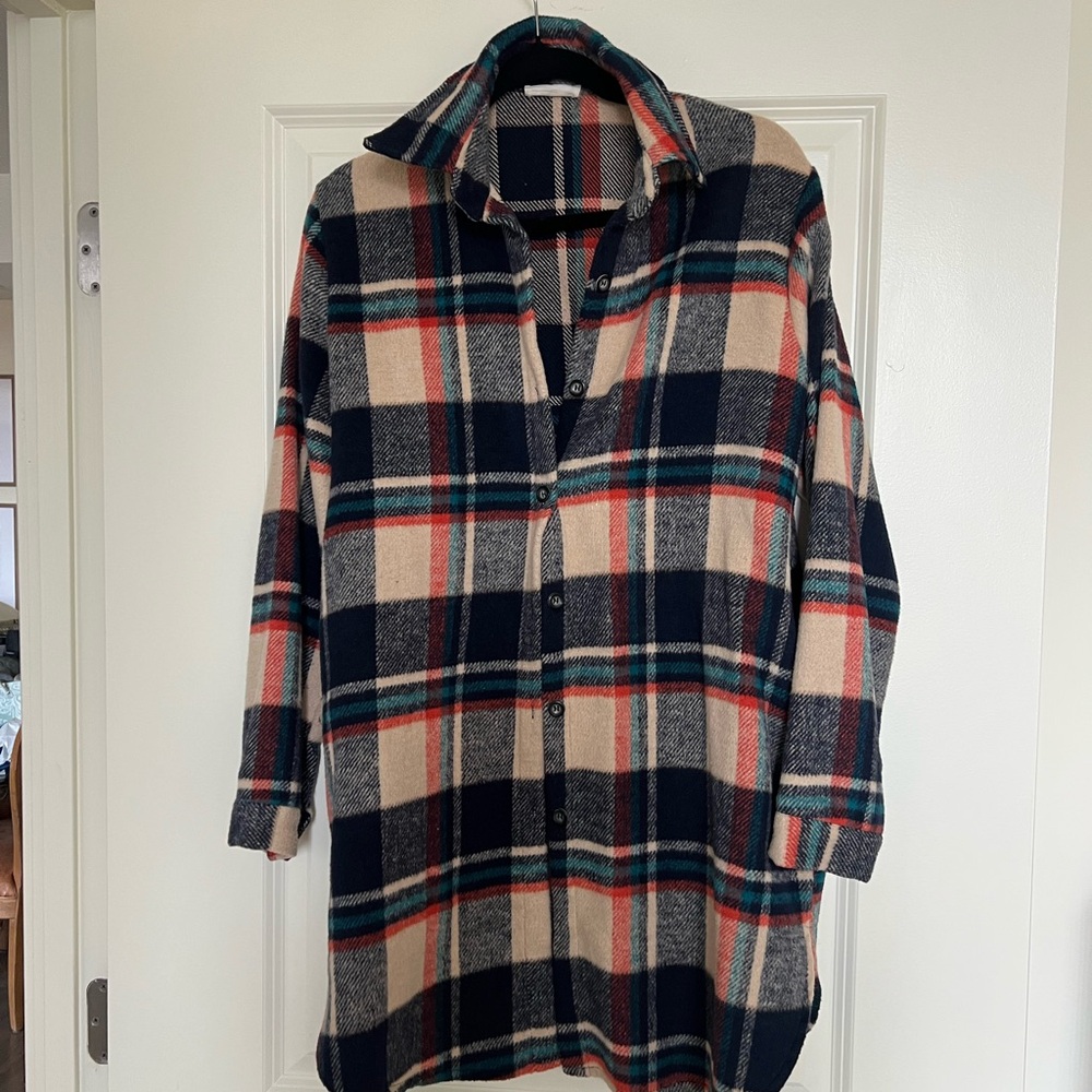 ADORA Blue and Cream Plaid Shacket Coat